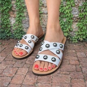 MARC FISHER White Studded Leather Sandals, 10M